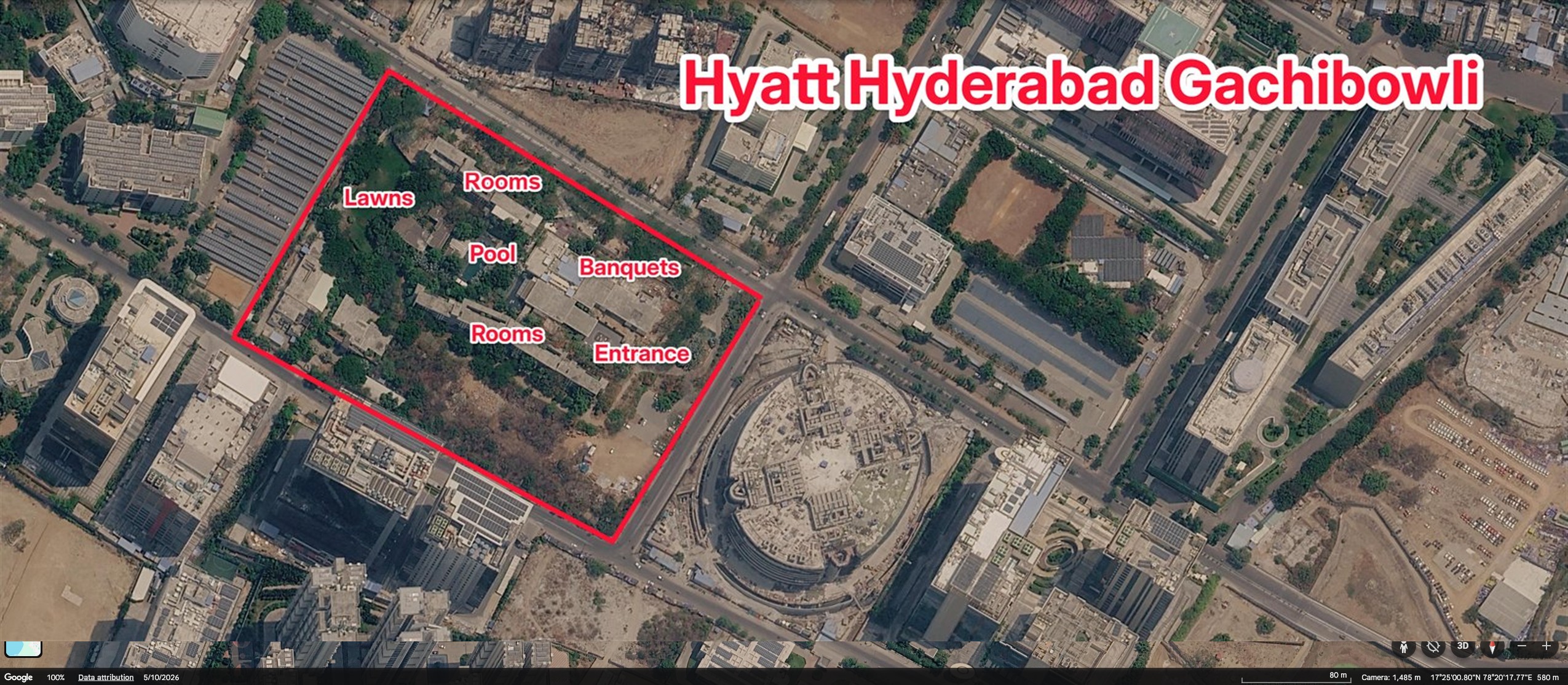 Annotated Google Earth satellite view outlining Hyatt Hyderabad Gachibowli and labeling its rooms, lawns, pool, banquets, and entrance
