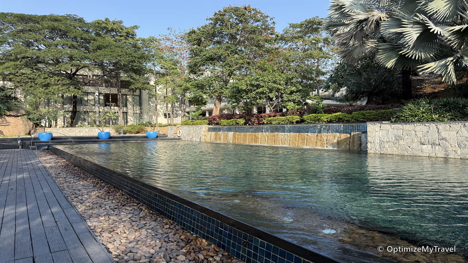 Daytime view of the outdoor pool surrounded by leafy trees and low-rise hotel buildings